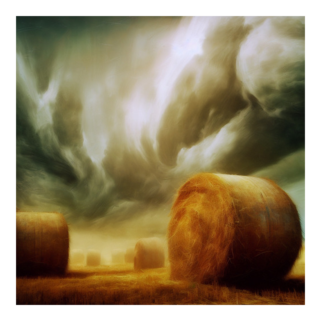 DALL-E generated image of large round hay bales in a thunderstorm in the style of William Turner